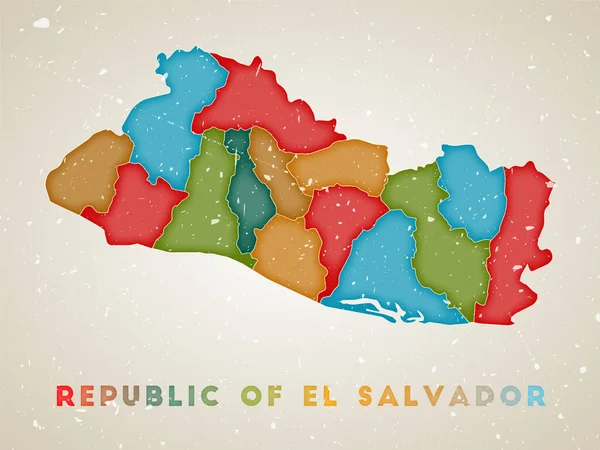 Mapa de República de El Salvador Afiche de país con regiones de colores Textura grunge antigua Vector — Vector de stock