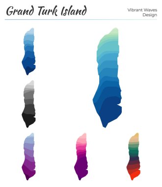 Büyük Türk Adası 'nın vektör haritaları. Canlı dalga tasarımı. Geometrik düz kıvrımlı parlak ada haritası. Tasarımınız için çok renkli Büyük Türk Adası haritası. Otantik vektör illüstrasyonu.