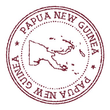 Papua Yeni Gine ülke haritalı yuvarlak kauçuk damga. Dairesel metin ve yıldızlı klasik kırmızı pasaport damgası, vektör illüstrasyonu.