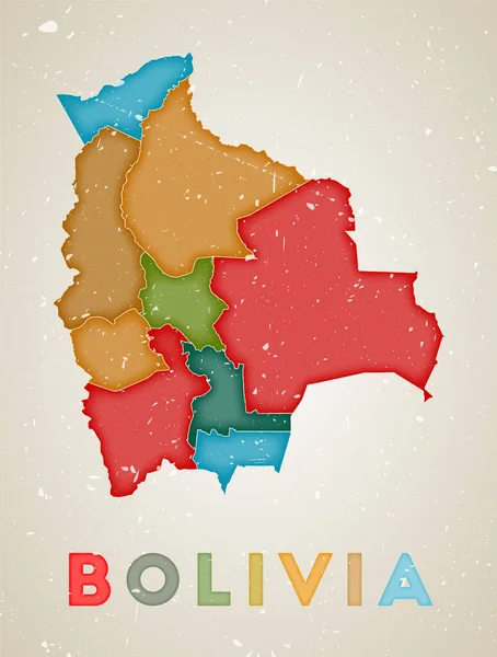 Bolivia map Country poster with colored region Old grunge texture Vector illustration of Bolivia — стоковий вектор