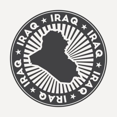Irak Cumhuriyeti yuvarlak logosu. Dairesel adı ve ülke haritası olan klasik seyahat rozeti, vektör çizimi. Irak Cumhuriyeti 'nin amblemi, amblemi, etiketi, çıkartması veya rozeti olarak kullanılabilir..