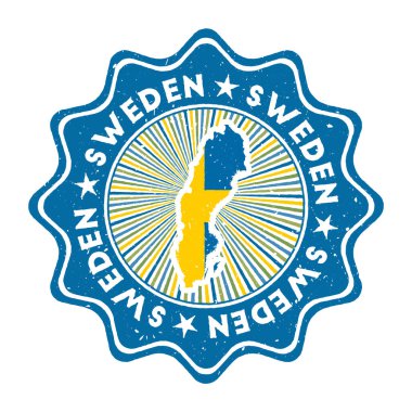 İsveç, ülke haritası ve ülke bayraklı grunge pulu. Dairesel metin ve yıldızlı klasik rozet, vektör illüstrasyonu.