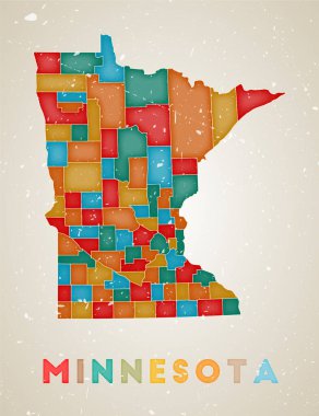 Minnesota haritası. Siyahi bölgeleri olan eyalet posteri. Eski grunge dokusu. Minnesota 'nın vektör illüstrasyonunda bize verilen isim.