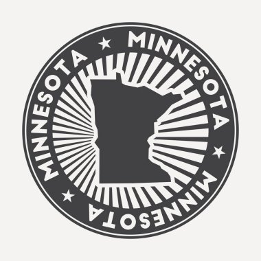 Minnesota yuvarlak logosu. Dairesel adı ve haritası olan klasik seyahat kartı, vektör illüstrasyonu. Minnesota 'nın amblemi, amblemi, etiketi, çıkartması veya rozeti olarak kullanılabilir..