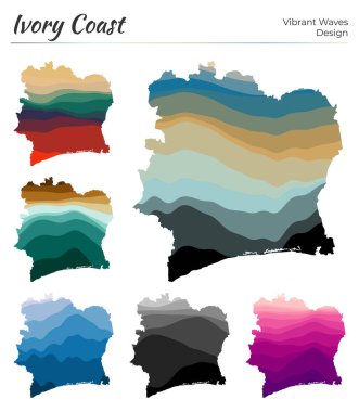 Fildişi Sahili 'nin vektör haritaları. Canlı dalga tasarımı. Geometrik düz kıvrımlı parlak ülke haritası. Tasarımınız için çok renkli Fildişi Sahili haritası. Düzgün vektör illüstrasyonu.