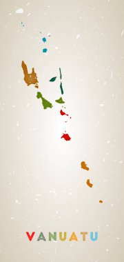 Vanuatu haritası. Renkli bölgeleri olan taşra posteri. Eski grunge dokusu. Ülke adına sahip Vanuatu 'nun vektör illüstrasyonu.