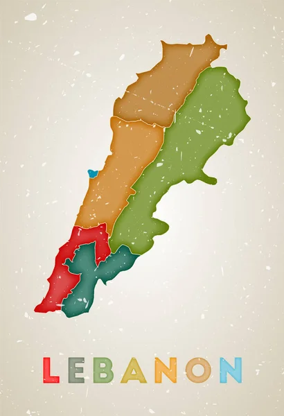 Líbano mapa País pôster com regiões coloridas Velha textura grunge Vetor ilustração do Líbano — Vetor de Stock