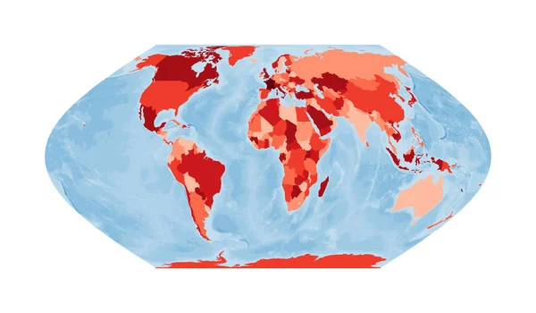 Mapa světa Projekce Eckert VI Svět v červených barvách s modrou ilustrací vektoru oceánu — Stockový vektor