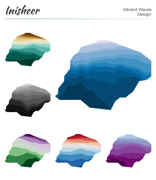 Conjunto de mapas vectoriales de Inisheer Diseño de ondas vibrantes Mapa brillante de la isla en geometría lisa — Archivo Imágenes Vectoriales