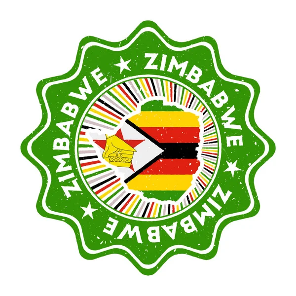 Zimbabwe timbro grunge rotondo con mappa del paese e bandiera del paese Badge vintage con testo circolare e — Vettoriale Stock