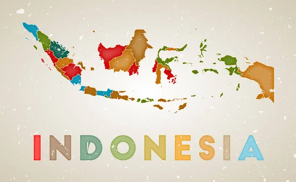 Indonesia map Ország poszter színes régiókkal Régi grunge textúra Vector illustration of — Stock Vector