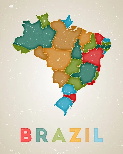 Brasil mapa País pôster com regiões coloridas Velha textura grunge Ilustração vetorial do Brasil — Vetor de Stock