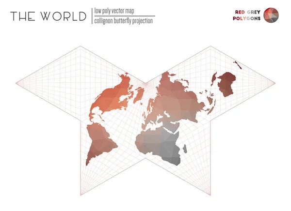 Wereldkaart in veelhoekige stijl Collignon vlinder projectie van de wereld Rood Grijs gekleurd — Stockvector
