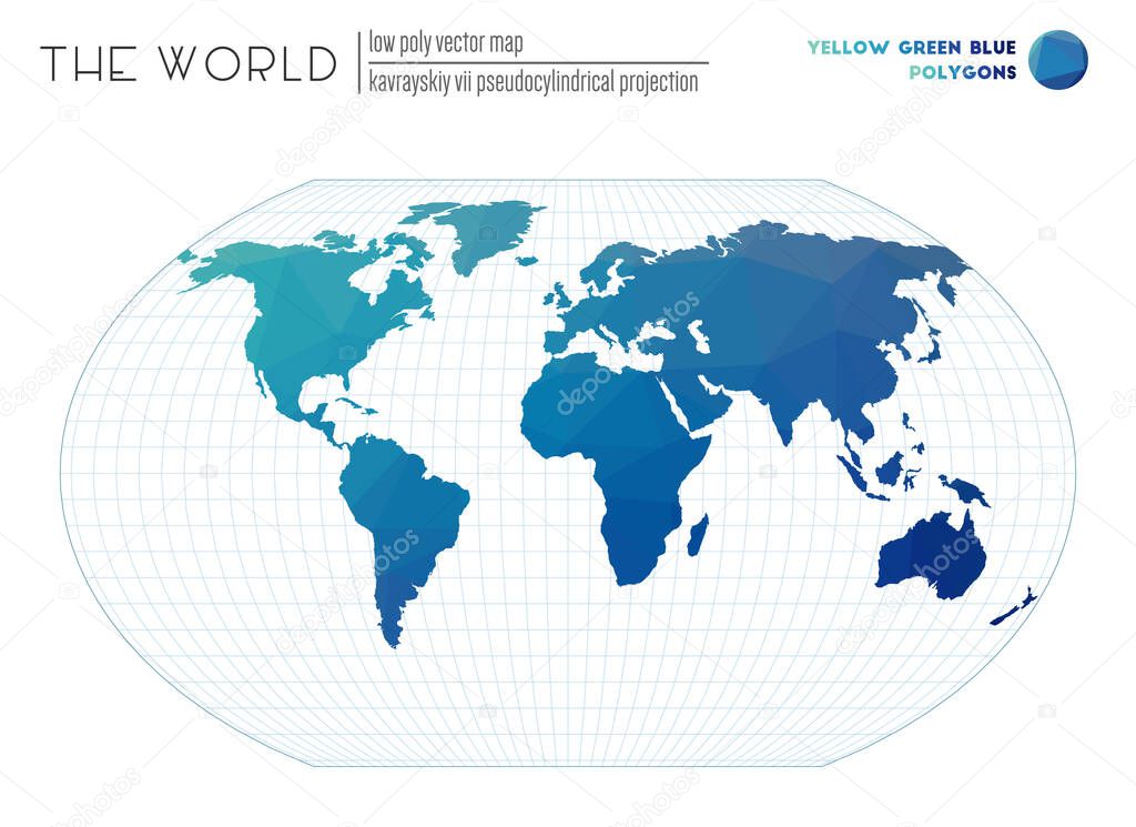 Low poly world map Kavrayskiy VII pseudocylindrical projection of the world Yellow Green Blue