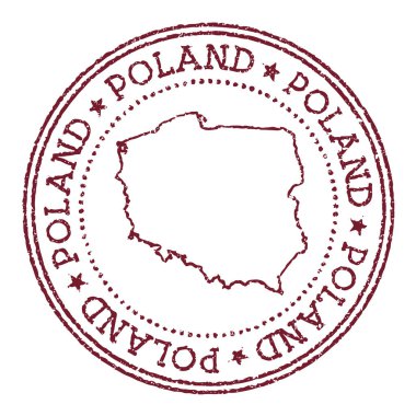 Polonya, ülke haritalı lastik damga ile yuvarlak. Dairesel metin ve yıldızlı klasik kırmızı pasaport damgası, vektör illüstrasyonu.