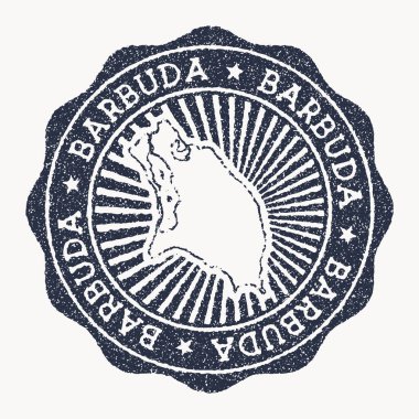 Barbuda damgası. Adanın adını ve haritasını içeren lastik damga ile seyahat et, vektör çizimi. Barbuda 'nın amblemi, amblemi, etiketi, çıkartması veya rozeti olarak kullanılabilir..