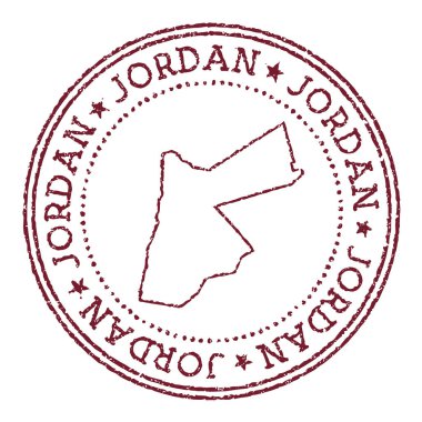 Ürdün, ülke haritalı lastik damga. Dairesel metin ve yıldızlı klasik kırmızı pasaport damgası, vektör illüstrasyonu.