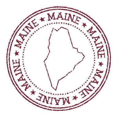 Bizim eyalet haritamızla birlikte yuvarlak damga. Dairesel metin ve yıldızlı klasik kırmızı pasaport damgası, vektör illüstrasyonu.