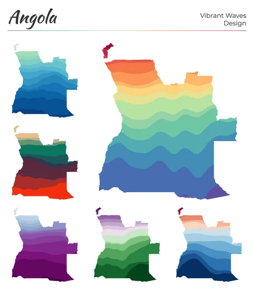Σύνολο διανυσματικών χαρτών της Αγκόλα Σχεδιασμός παλιών κυμάτων Φωτεινός χάρτης της χώρας σε γεωμετρικές ομαλές καμπύλες — Διανυσματικό Αρχείο