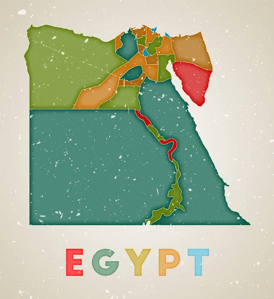 Egitto mappa Poster paese con regioni colorate Antico grunge texture Illustrazione vettoriale dell'Egitto — Vettoriale Stock
