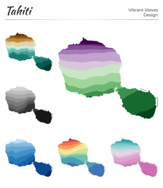 Tahiti 'nin vektör haritaları. Canlı dalga tasarımı. Geometrik düz kıvrımlı parlak ada haritası. Tasarımın için çok renkli Tahiti haritası. Zarif vektör illüstrasyonu.