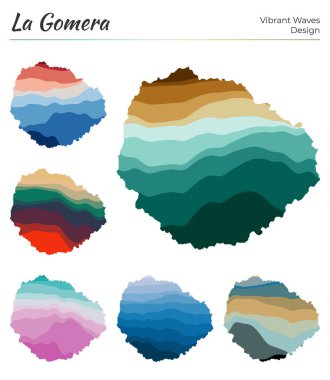 La Gomera 'nın vektör haritaları. Canlı dalga tasarımı. Geometrik düz kıvrımlı parlak ada haritası. Tasarımınız için çok renkli La Gomera haritası. Tarz vektör illüstrasyonu.