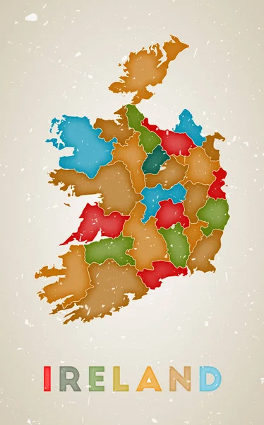 Ireland Map Country Poster Colored Regions Old Grunge Texture Vector — Stock Vector