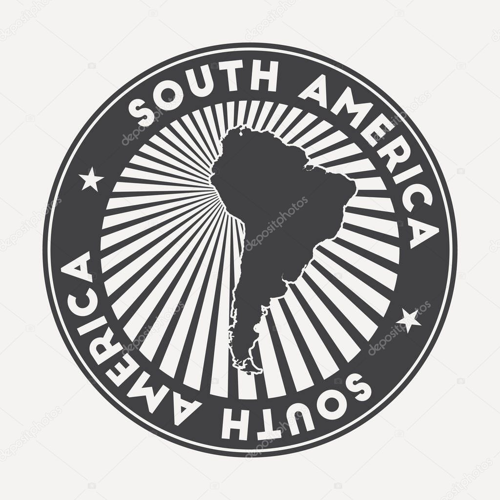 South America round logo. Vintage travel badge with the circular name and map of continent, vector illustration. Can be used as insignia, logotype, label, sticker or badge of the South America.