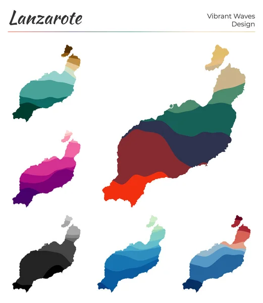 Conjunto de mapas vetoriais de Lanzarote Design de ondas vibrantes Mapa brilhante da ilha em liso geométrico — Vetor de Stock