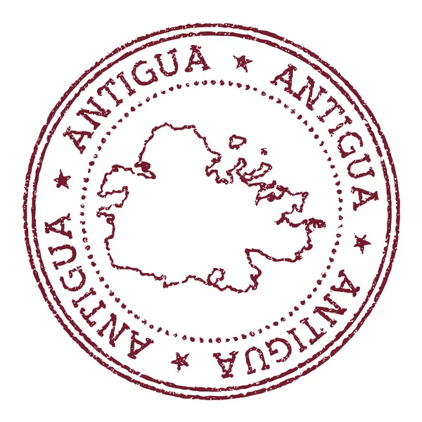 Antigua kulaté gumové razítko s mapou ostrova Ročníkové červené razítko s kruhovým textem a hvězdami — Stockový vektor