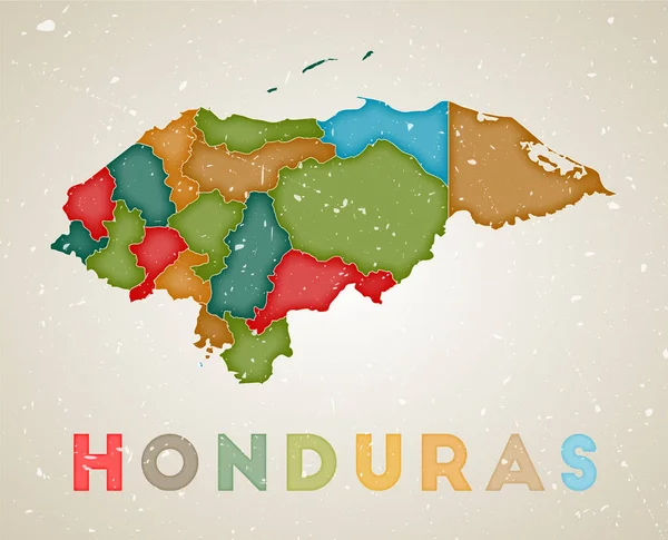 Honduras mapa País cartaz com regiões coloridas Velha textura grunge Vetor ilustração de —  Vetores de Stock