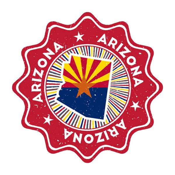 Arizona rodada grunge selo com a gente mapa do estado e bandeira do estado emblema Vintage com texto circular e —  Vetores de Stock