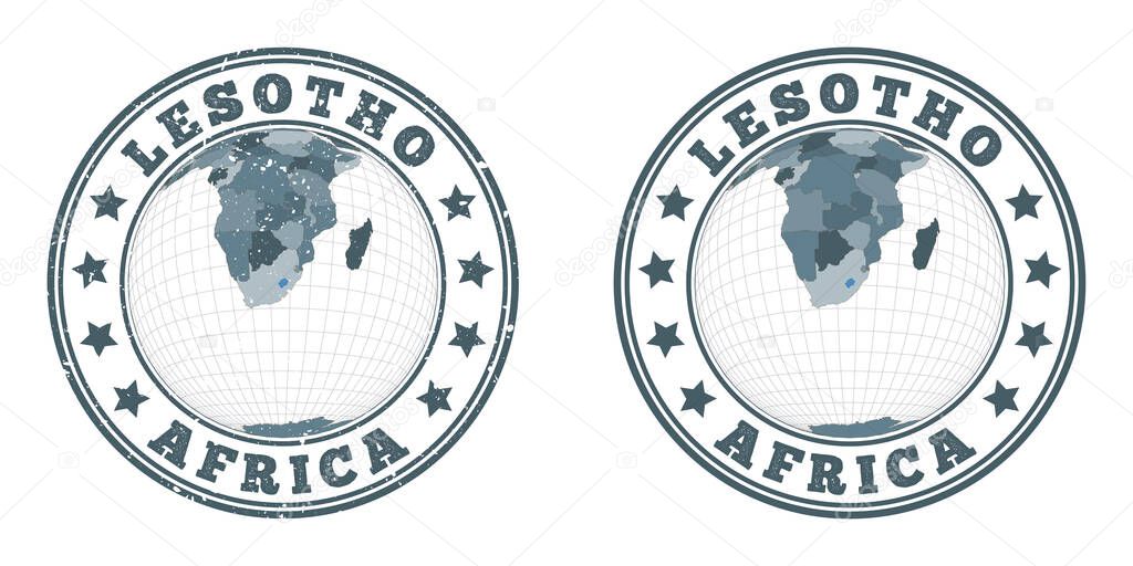 Lesotho round logos Circular badges of country with map of Lesotho in world context Plain and
