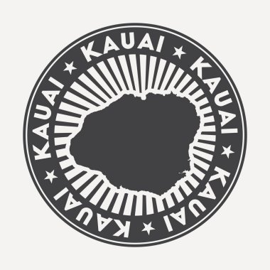 Kauai yuvarlak logosu dairesel adı ve ada vektörünün haritası olan Vintage seyahat rozeti