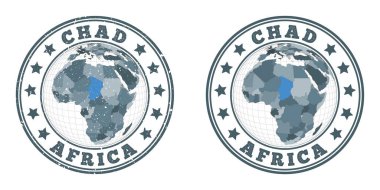 Chad, Çad 'ın dünya bağlamında düz ve dokulu haritasıyla birlikte ülkenin dairesel logolarını yuvarlak çiziyor.