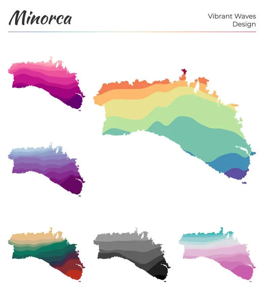 Set di mappe vettoriali di Minorca Design a onde vibranti Luminosa mappa dell'isola in curve geometriche lisce — Vettoriale Stock