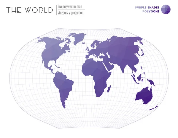 Mappa poligonale del mondo Ginzburg V proiezione del mondo Tonalità Viola poligoni colorati — Vettoriale Stock