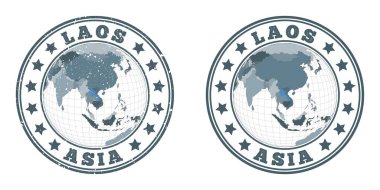 Laos, Laos 'un dünya bağlamında sade ve desenli haritasıyla birlikte ülkenin dairesel logolarını yuvarlıyor.