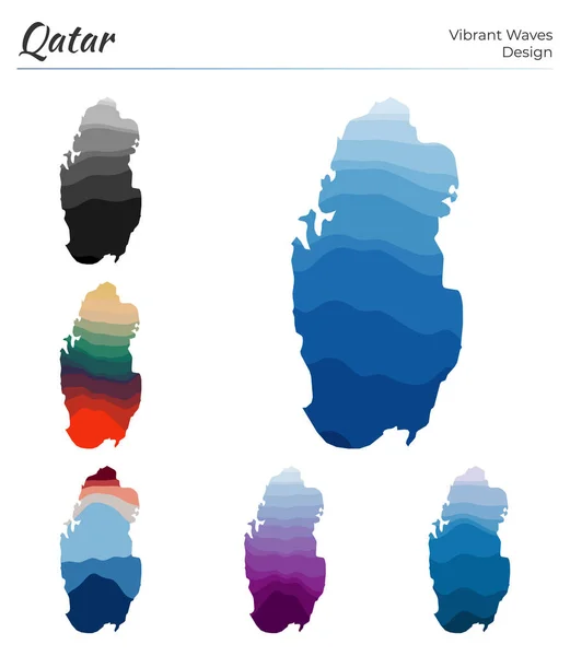Conjunto de mapas vectoriales de Qatar Diseño de ondas vibrantes Mapa brillante del país en curvas geométricas lisas — Archivo Imágenes Vectoriales