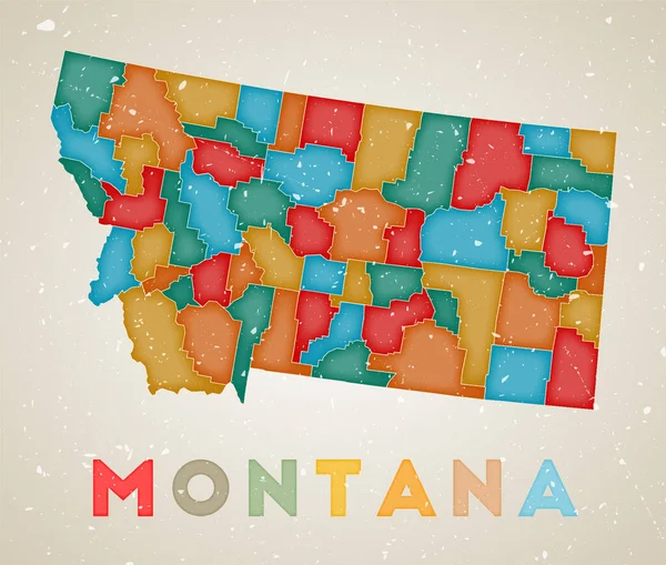 Montana mapa nas stan plakat z kolorowych regionów Stary grunge tekstury Wektor ilustracji — Wektor stockowy