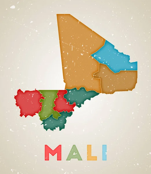 Mapa de Malí Afiche de país con regiones de colores Textura grunge antigua Ilustración vectorial de Malí con — Archivo Imágenes Vectoriales