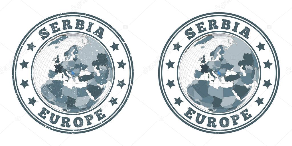 Serbia round logos Circular badges of country with map of Serbia in world context Plain and