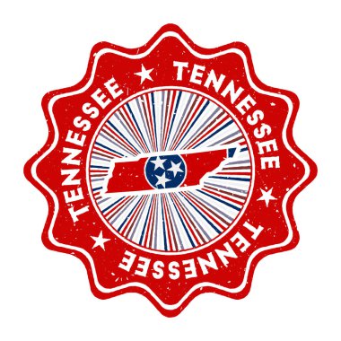 Tennessee yuvarlak grunge pulu ile biz eyalet haritası ve eyalet bayrağı dairesel metin ile vintage rozet ve