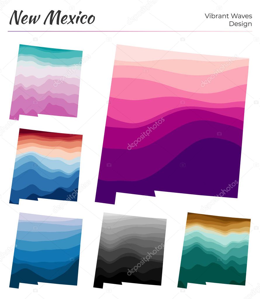 Set of vector maps of New Mexico Vibrant waves design Bright map of us state in geometric smooth