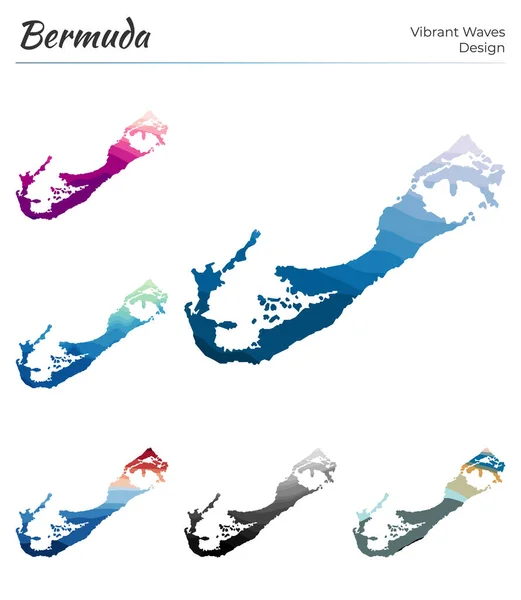 Набор векторных карт Бермудских островов Дизайн ярких волн Яркая карта острова в геометрических гладких кривых — стоковый вектор