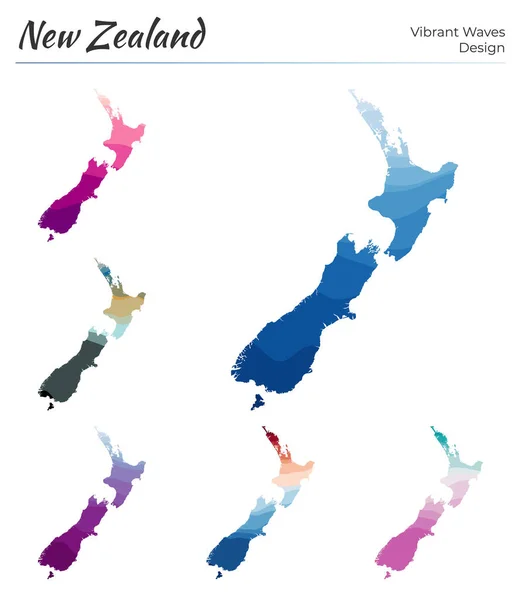 Conjunto de mapas vetoriais da Nova Zelândia Design de ondas vibrantes Mapa brilhante do país em geométrico suave — Vetor de Stock