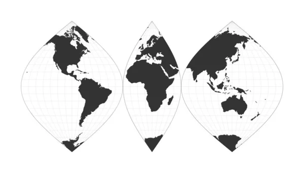 Mapa do Mundo Projeção sinusoidal interrompida Globo com latitude e longitude líquida Mundo —  Vetores de Stock