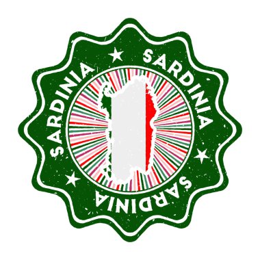 Sardunya yuvarlak grunge pulu ada haritası ve ülke bayrağı dairesel metin ve klasik rozet ve