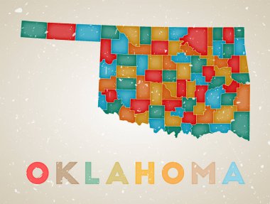 Oklahoma Haritası. Renkli bölgelerle Amerika eyalet posteri. Eski grunge doku vektörü illüstrasyonu
