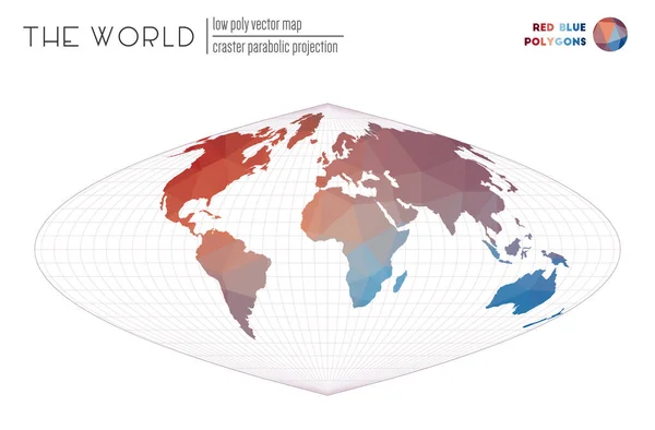 Mapa do mundo poligonal Craster projeção parabólica do mundo Polígonos de cor azul vermelho Incrível — Vetor de Stock